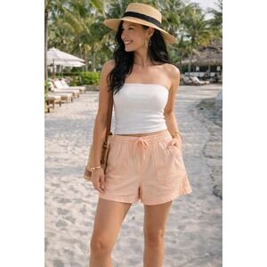 Athleta Farallon WM Peach Cotton Drawstring Shorts Casual Activewear Pocket Sz L